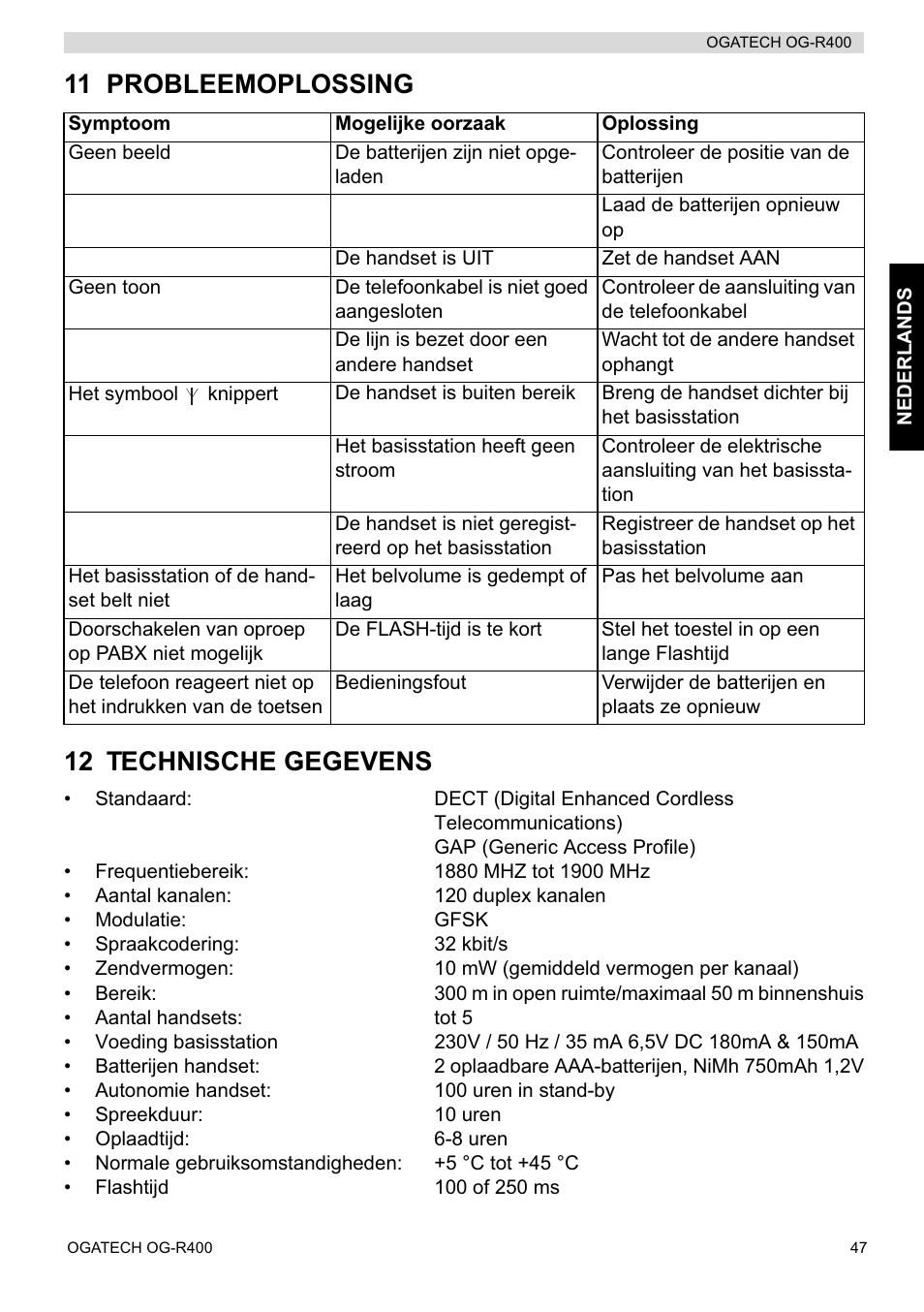 11 probleemoplossing 12 technische gegevens | Topcom OGATECH OG-R400 User Manual | Page 47 / 128