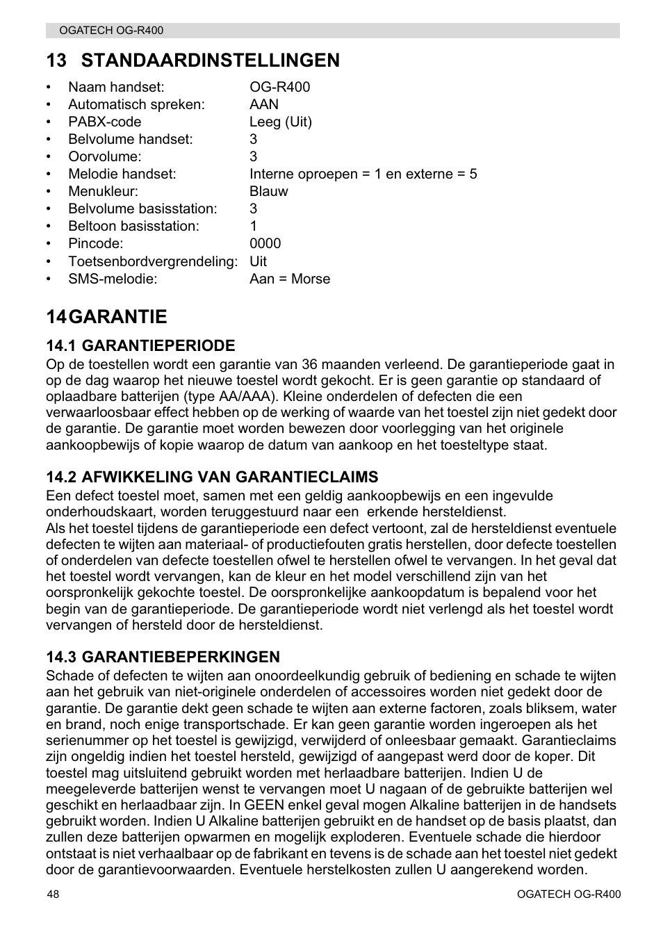 13 standaardinstellingen, 14garantie | Topcom OGATECH OG-R400 User Manual | Page 48 / 128
