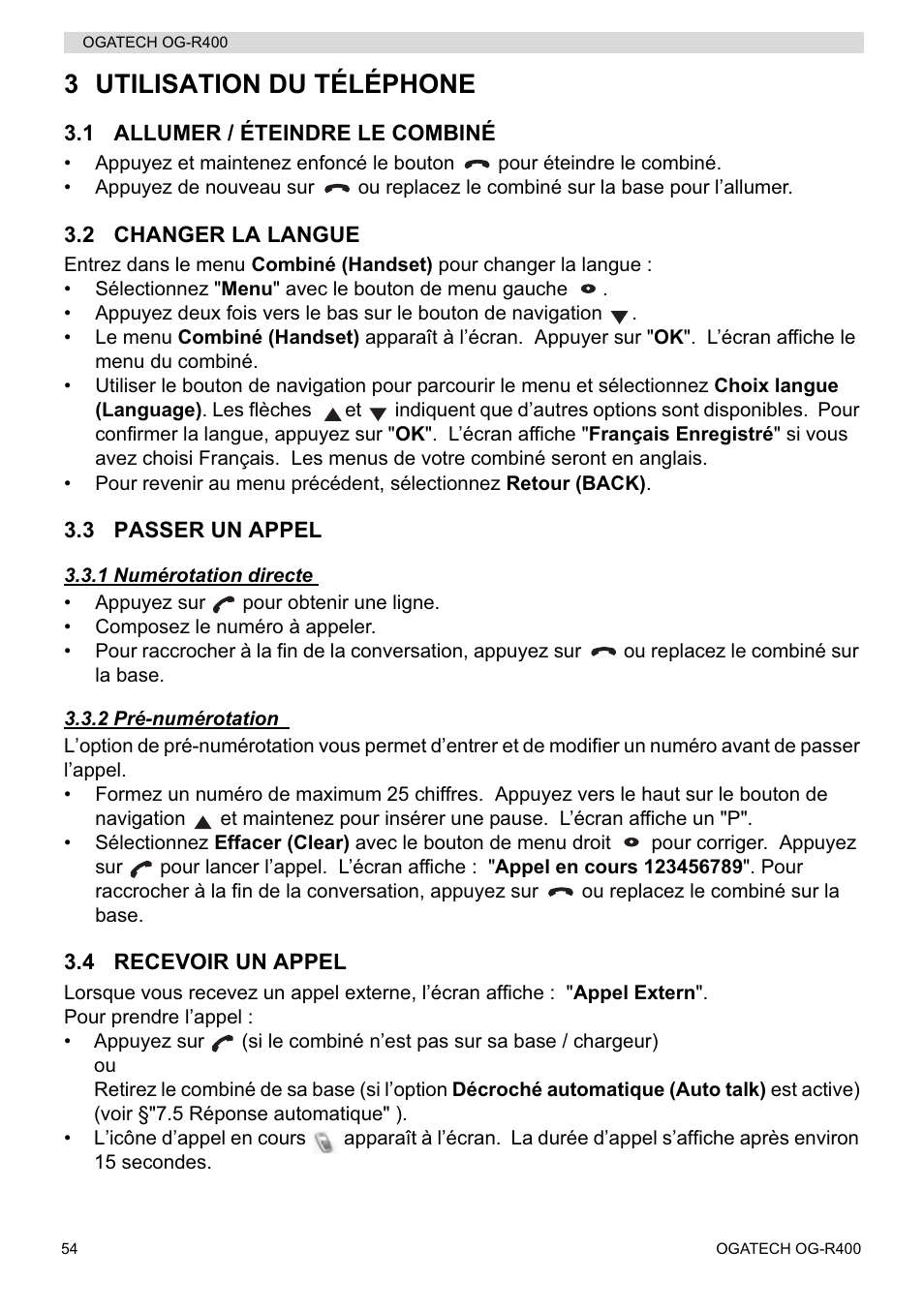 3 utilisation du téléphone | Topcom OGATECH OG-R400 User Manual | Page 54 / 128