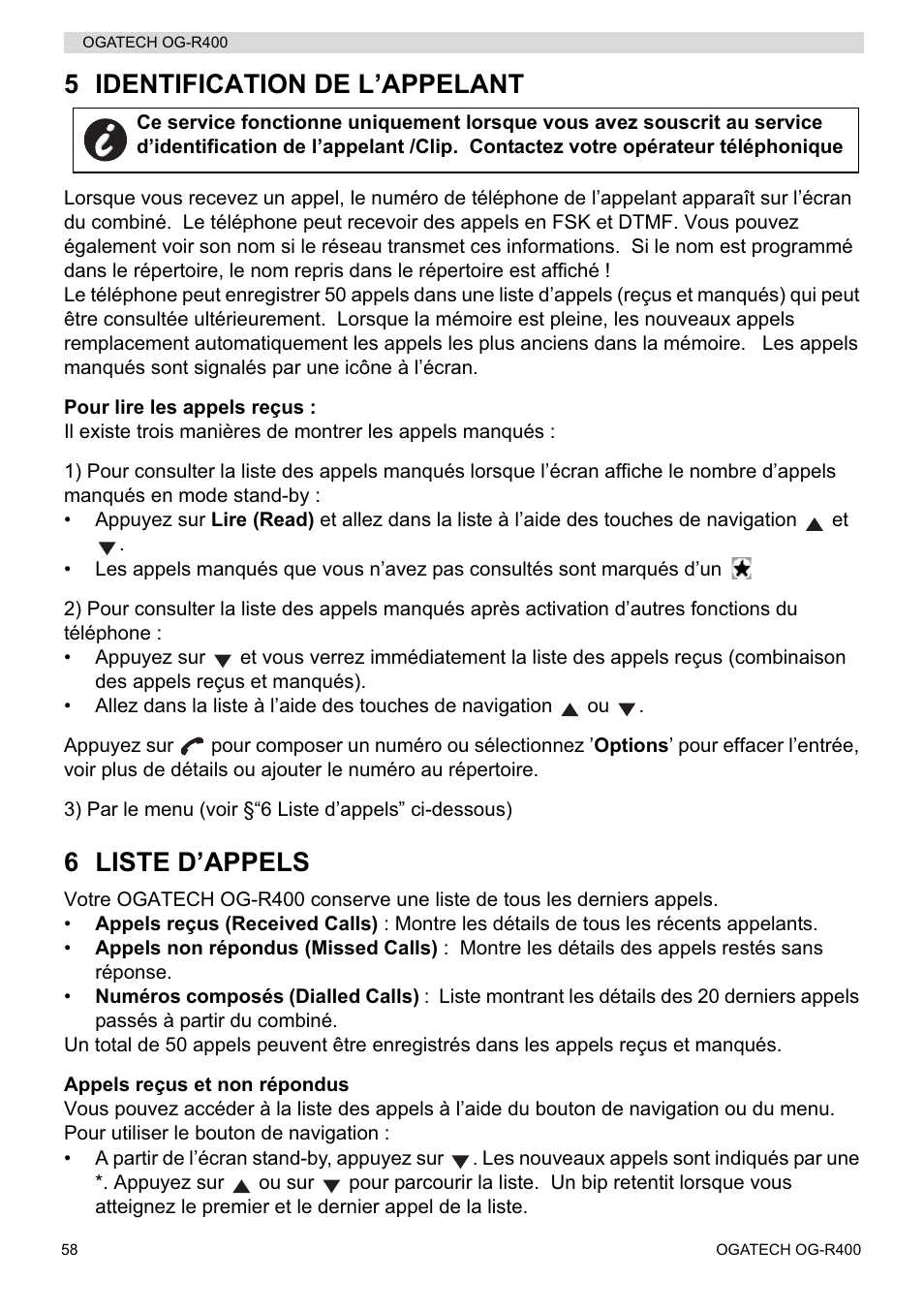 5 identification de l’appelant, 6 liste d’appels | Topcom OGATECH OG-R400 User Manual | Page 58 / 128