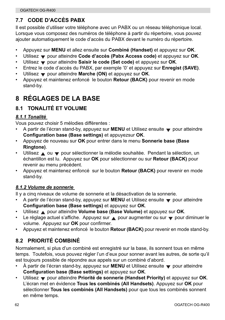 8 réglages de la base | Topcom OGATECH OG-R400 User Manual | Page 62 / 128