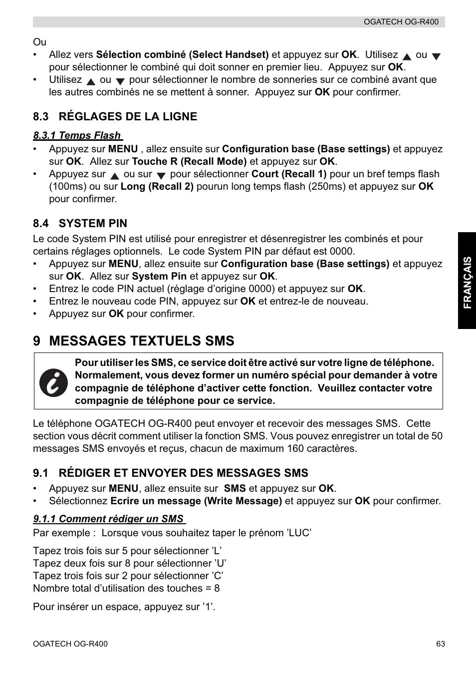 9 messages textuels sms | Topcom OGATECH OG-R400 User Manual | Page 63 / 128