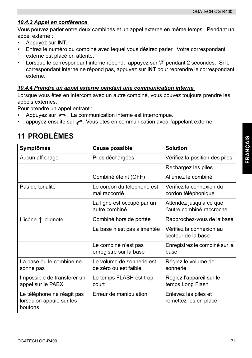 11 problèmes | Topcom OGATECH OG-R400 User Manual | Page 71 / 128