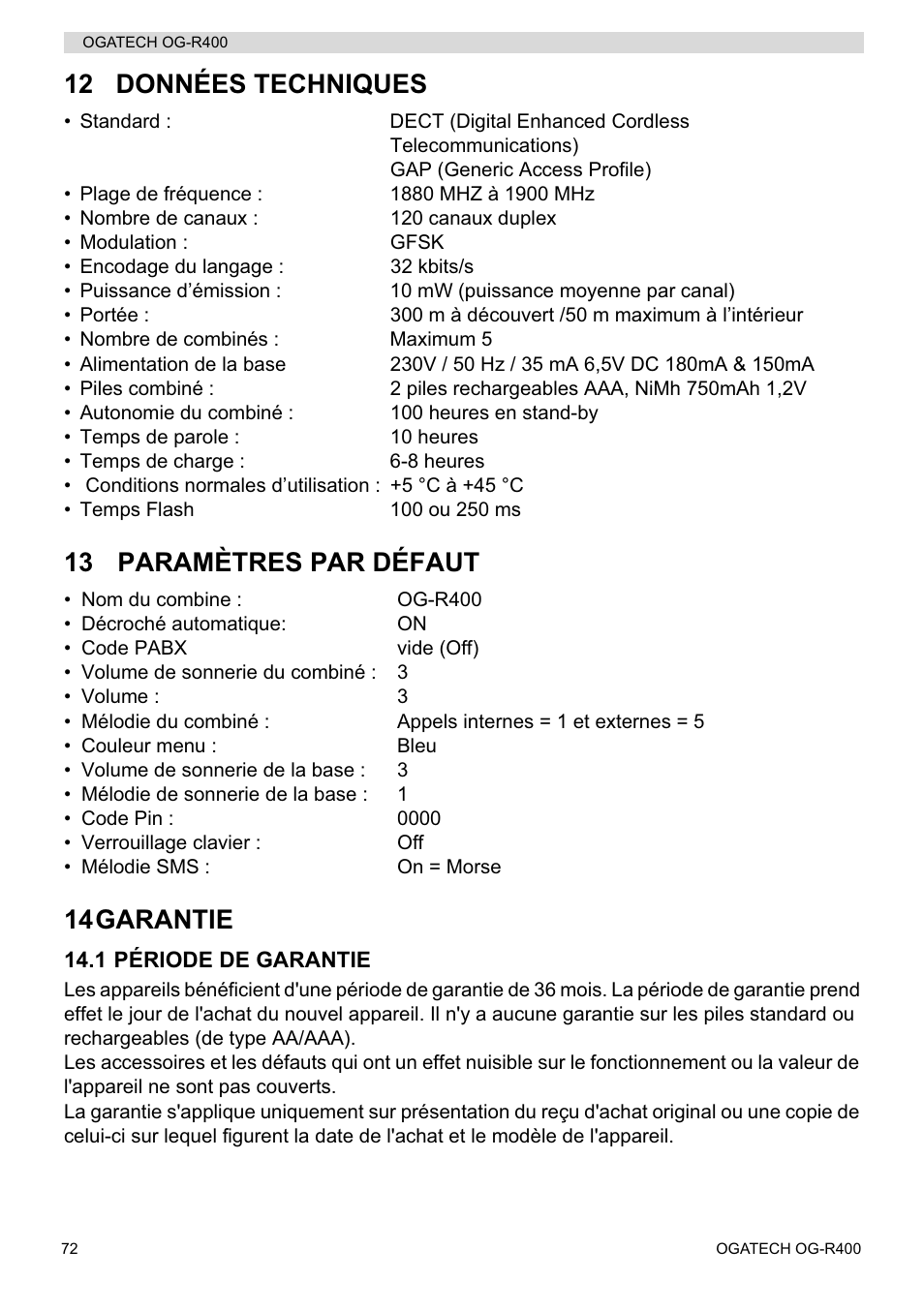 12 données techniques, 13 paramètres par défaut, 14garantie | Topcom OGATECH OG-R400 User Manual | Page 72 / 128