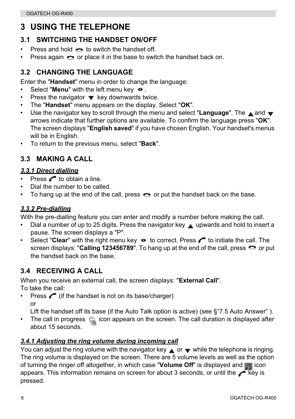 3 using the telephone | Topcom OGATECH OG-R400 User Manual | Page 8 / 128