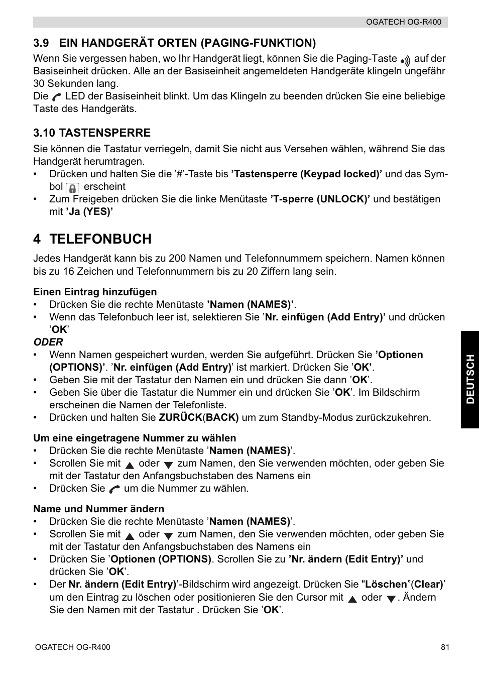 4 telefonbuch | Topcom OGATECH OG-R400 User Manual | Page 81 / 128