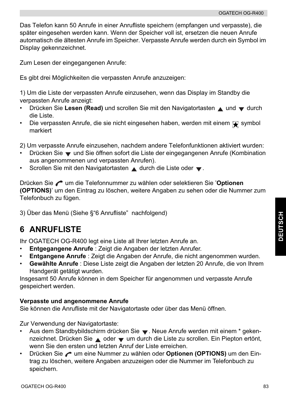 6 anrufliste | Topcom OGATECH OG-R400 User Manual | Page 83 / 128