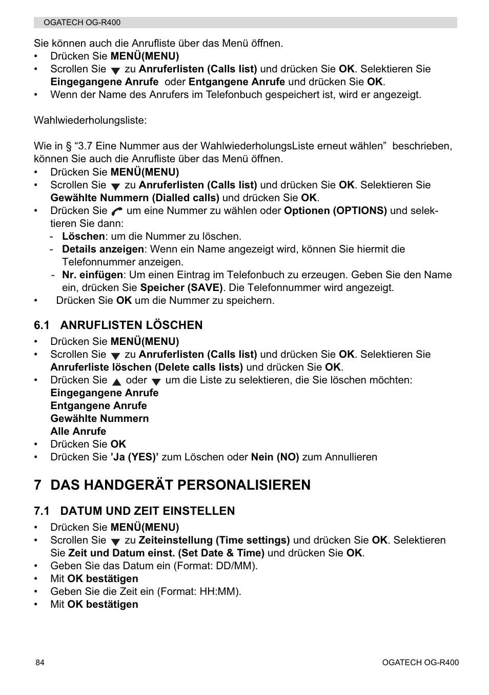 7 das handgerät personalisieren | Topcom OGATECH OG-R400 User Manual | Page 84 / 128