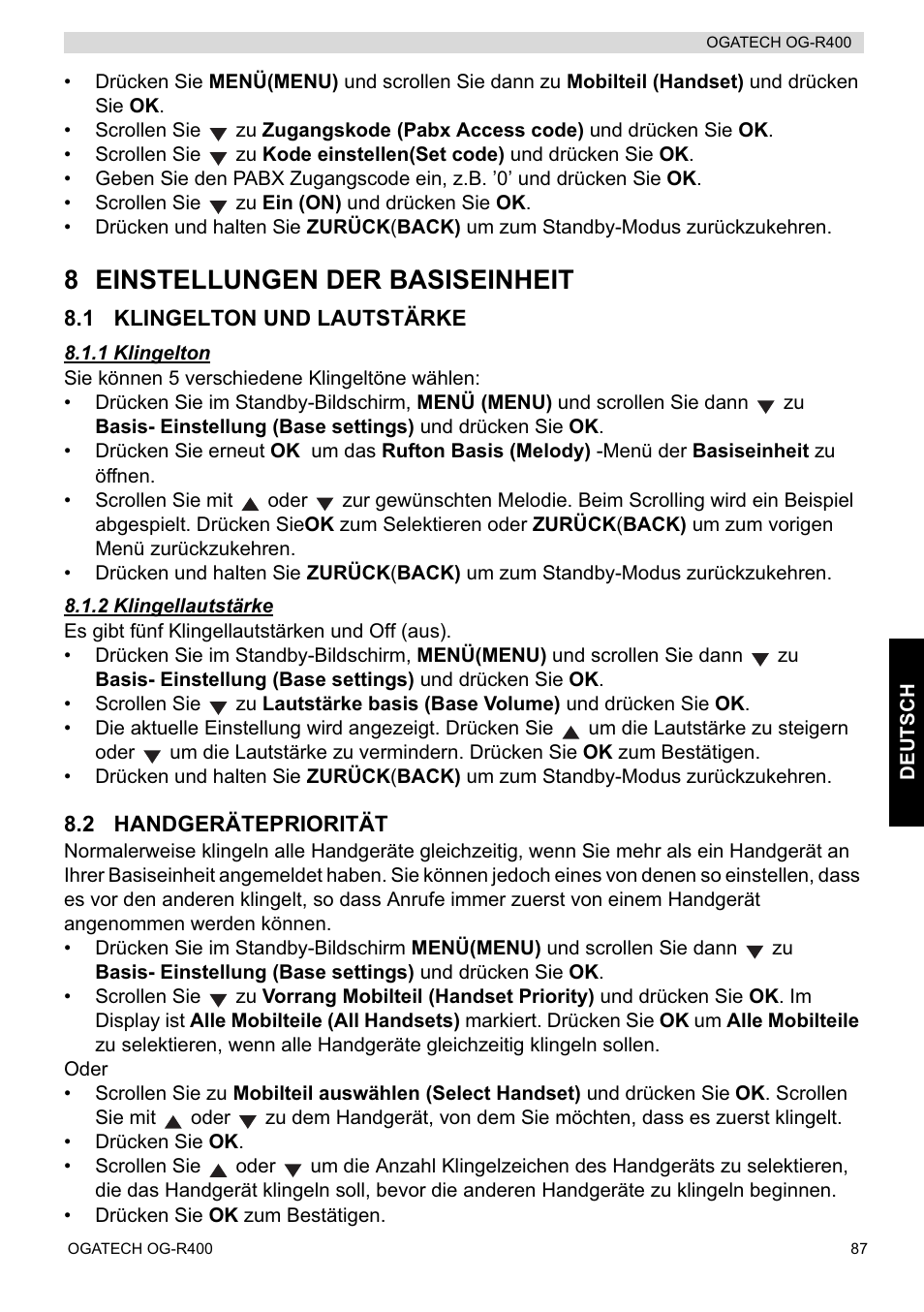 8 einstellungen der basiseinheit | Topcom OGATECH OG-R400 User Manual | Page 87 / 128