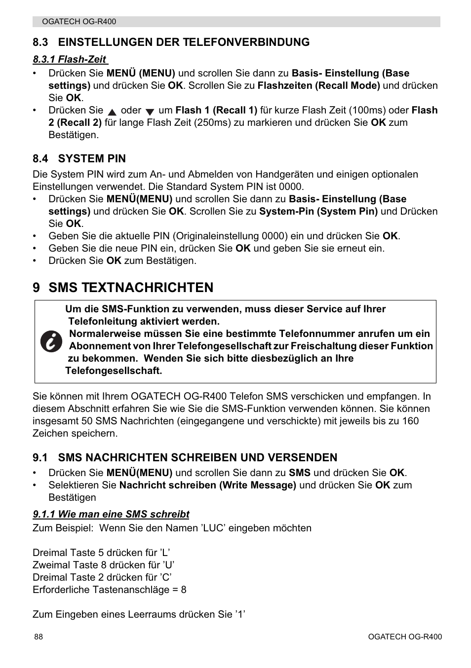 9 sms textnachrichten | Topcom OGATECH OG-R400 User Manual | Page 88 / 128