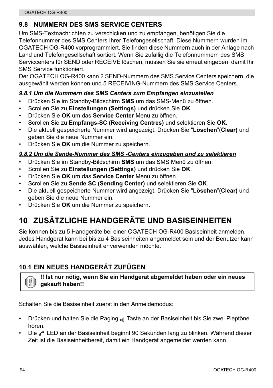 10 zusätzliche handgeräte und basiseinheiten | Topcom OGATECH OG-R400 User Manual | Page 94 / 128