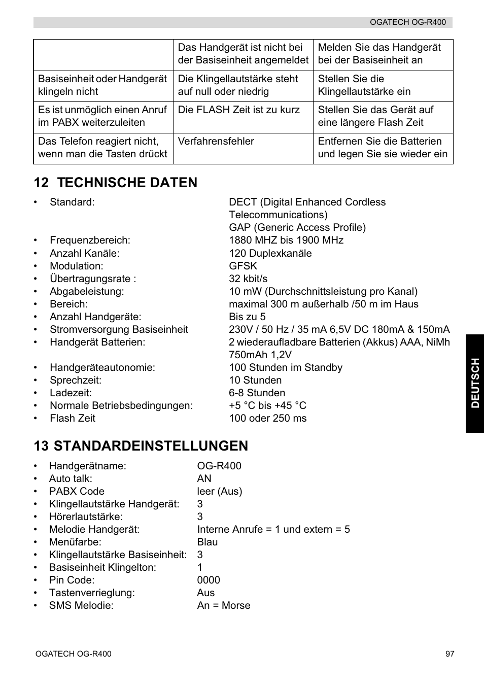 12 technische daten, 13 standardeinstellungen | Topcom OGATECH OG-R400 User Manual | Page 97 / 128