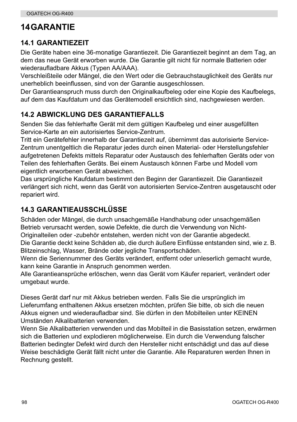 14garantie | Topcom OGATECH OG-R400 User Manual | Page 98 / 128