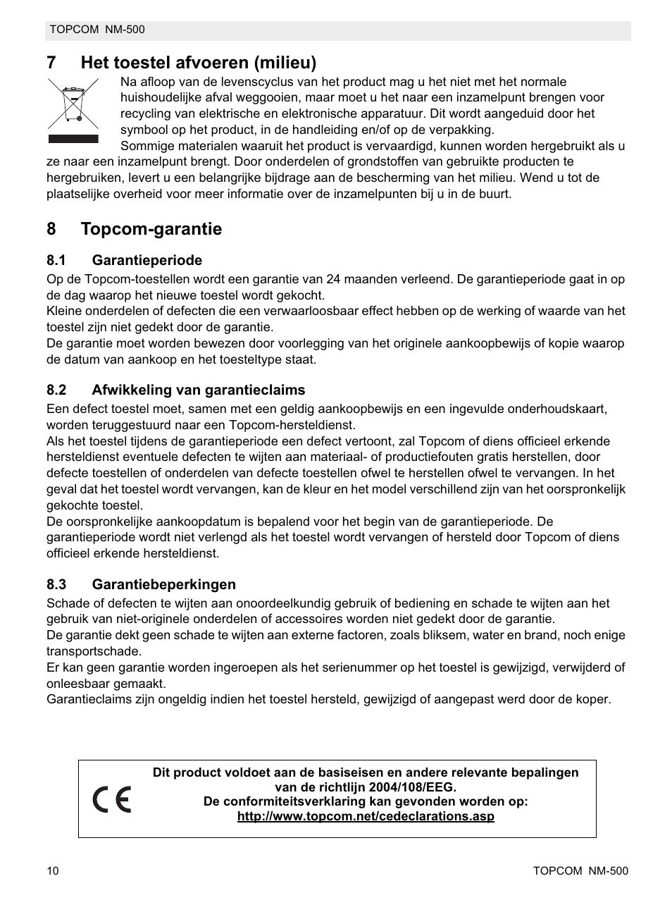 7het toestel afvoeren (milieu), 8topcom-garantie | Topcom NM-500-H User Manual | Page 10 / 72