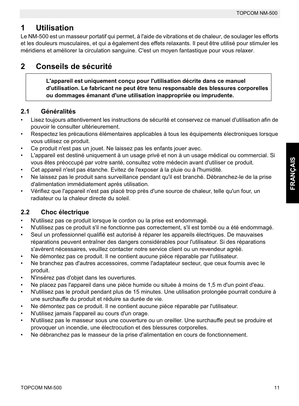 1utilisation, 2conseils de sécurité | Topcom NM-500-H User Manual | Page 11 / 72