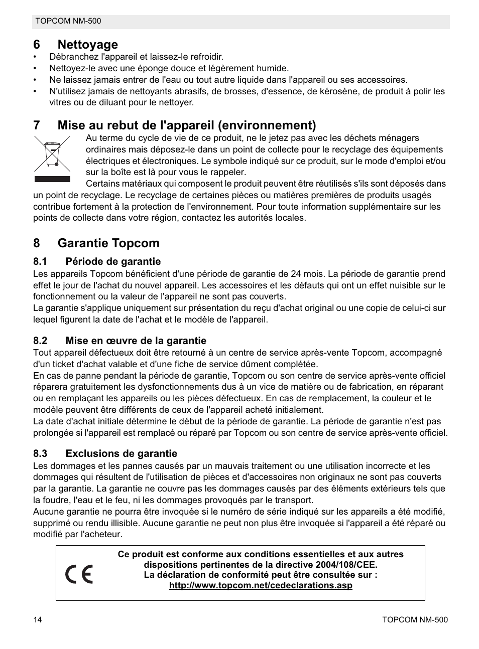 6nettoyage, 7mise au rebut de l'appareil (environnement), 8garantie topcom | Topcom NM-500-H User Manual | Page 14 / 72