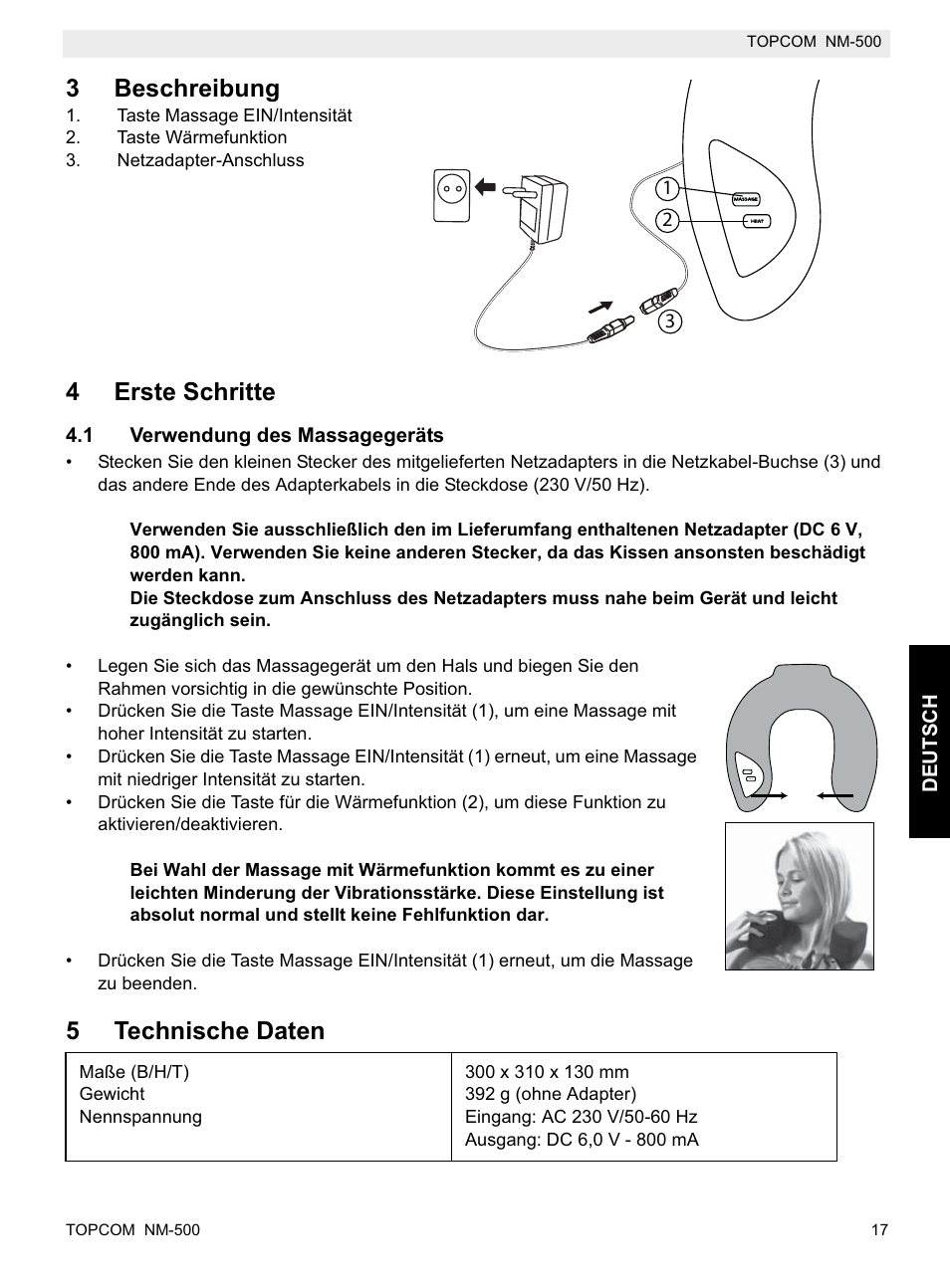 3beschreibung, 4erste schritte, 5technische daten | Topcom NM-500-H User Manual | Page 17 / 72