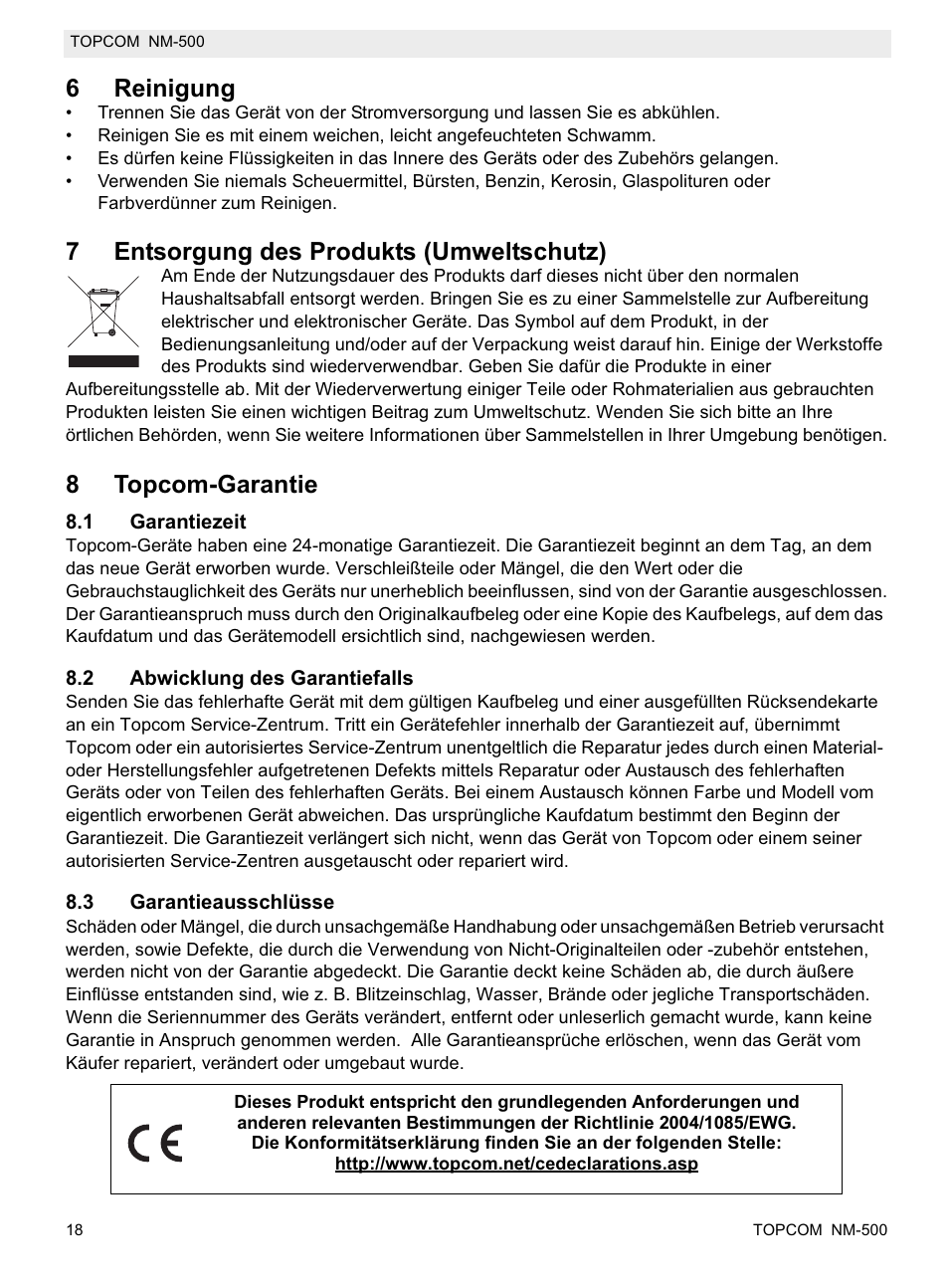 6reinigung, 7entsorgung des produkts (umweltschutz), 8topcom-garantie | Topcom NM-500-H User Manual | Page 18 / 72