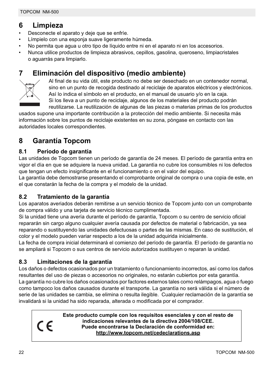 6limpieza, 7eliminación del dispositivo (medio ambiente), 8garantía topcom | Topcom NM-500-H User Manual | Page 22 / 72