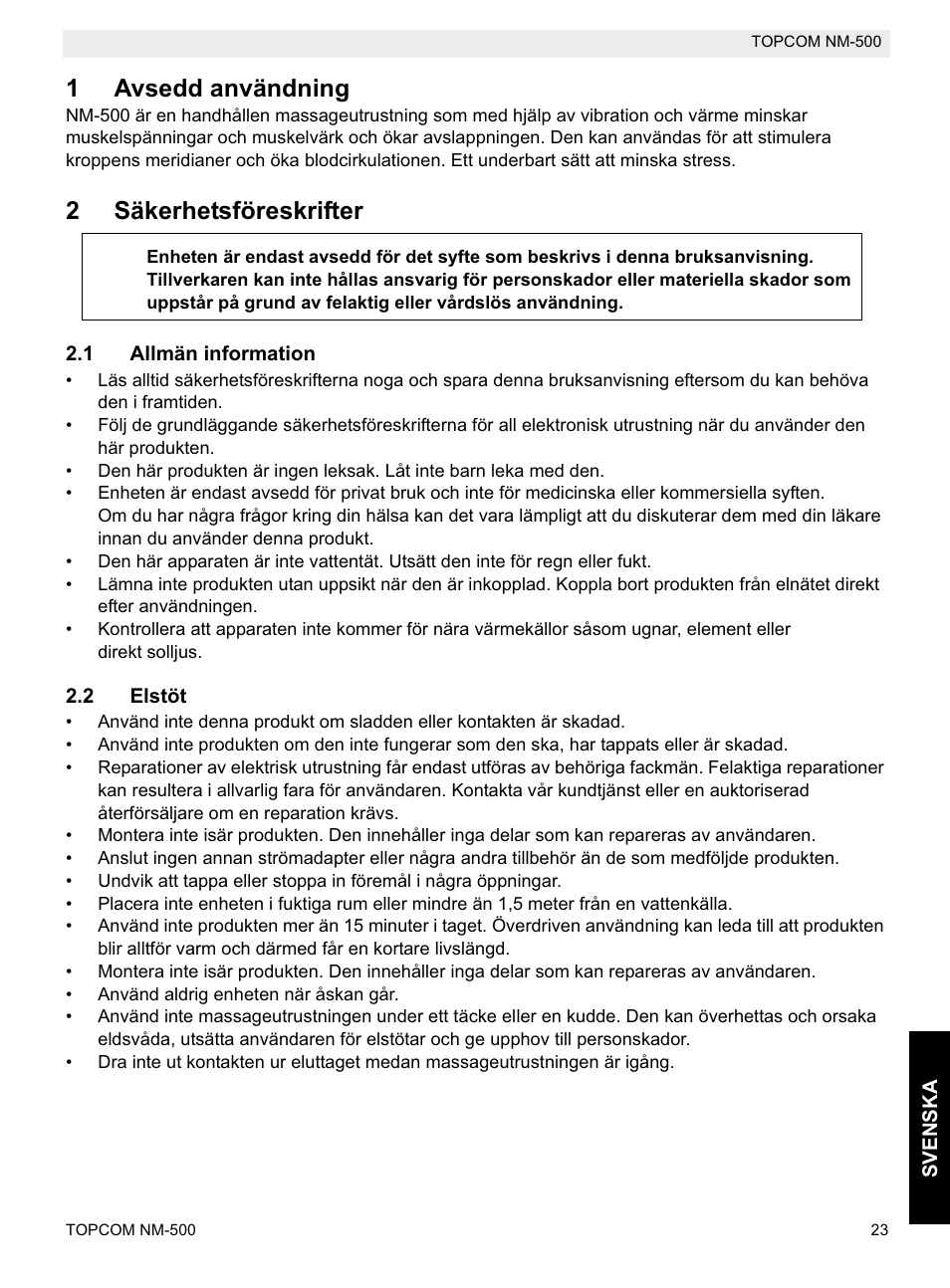 1avsedd användning, 2säkerhetsföreskrifter | Topcom NM-500-H User Manual | Page 23 / 72