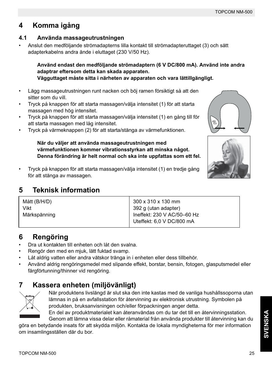 4komma igång, 5teknisk information 6 rengöring, 7kassera enheten (miljövänligt) | Topcom NM-500-H User Manual | Page 25 / 72