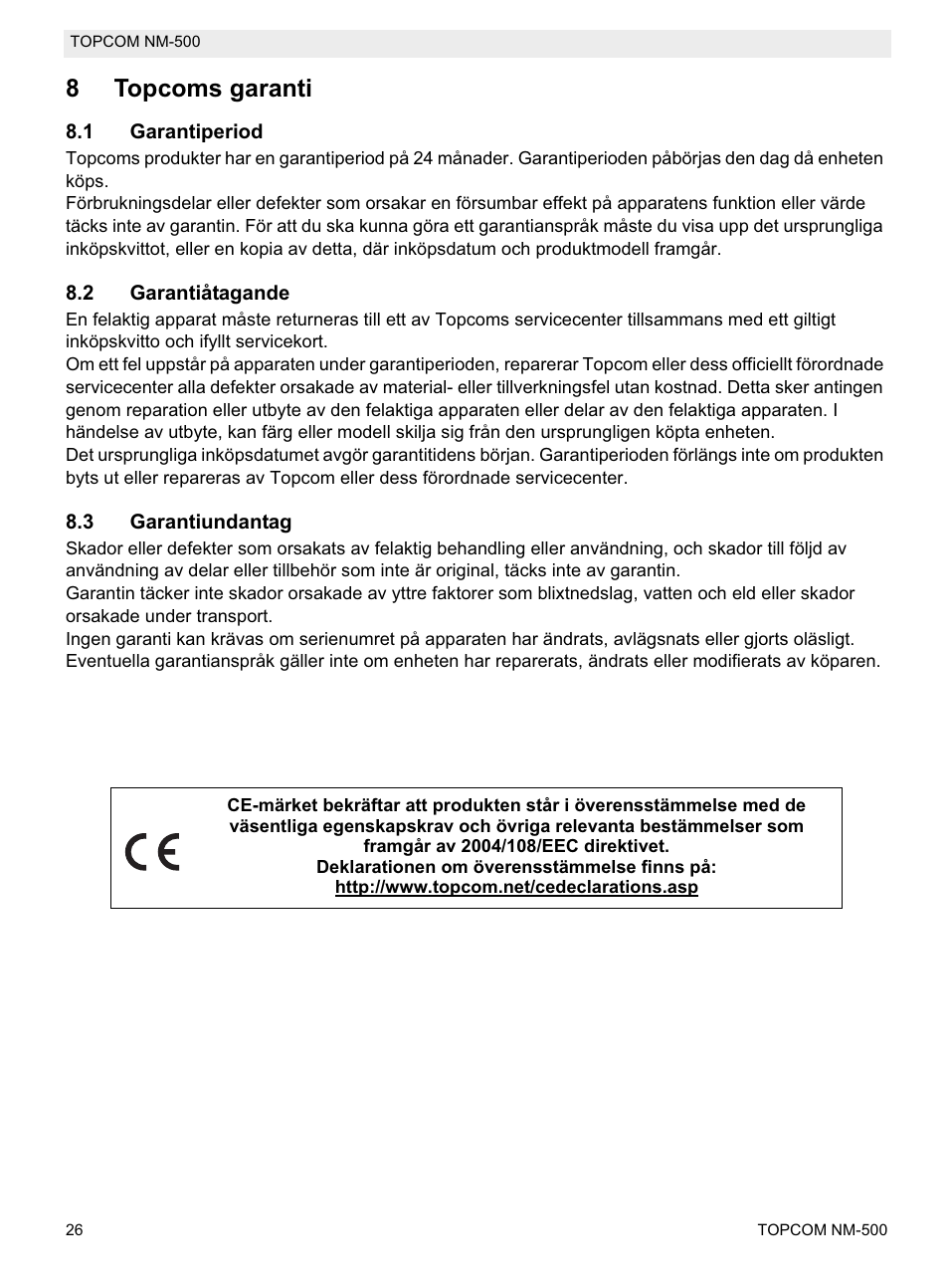 8topcoms garanti | Topcom NM-500-H User Manual | Page 26 / 72