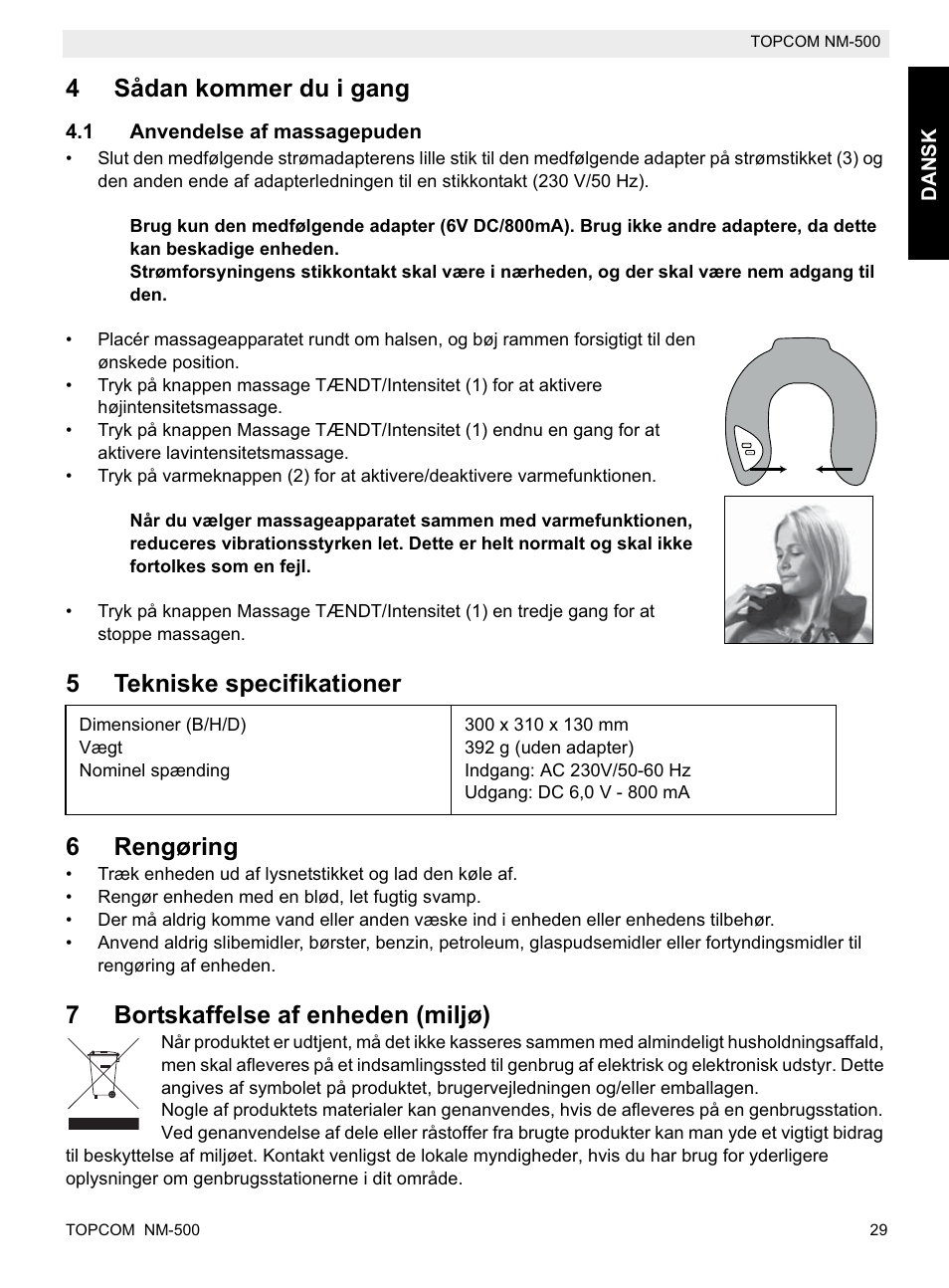 4sådan kommer du i gang, 5tekniske specifikationer 6 rengøring, 7bortskaffelse af enheden (miljø) | Topcom NM-500-H User Manual | Page 29 / 72