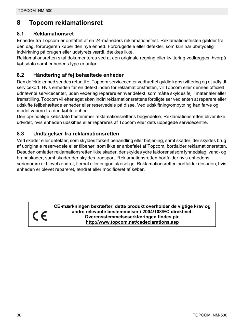 8topcom reklamationsret | Topcom NM-500-H User Manual | Page 30 / 72