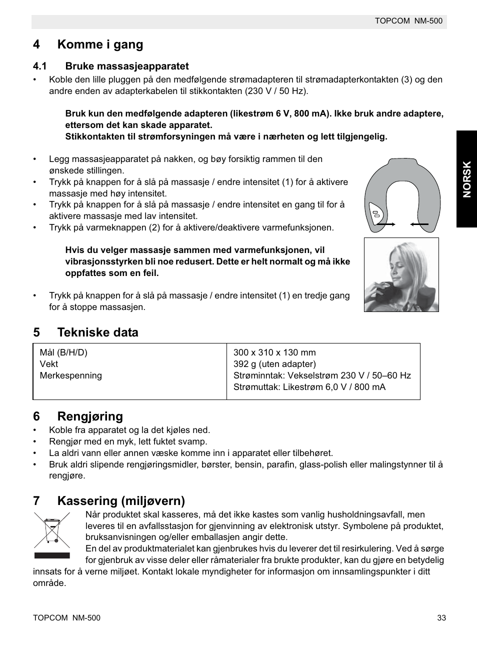 4komme i gang, 5tekniske data 6 rengjøring, 7kassering (miljøvern) | Topcom NM-500-H User Manual | Page 33 / 72