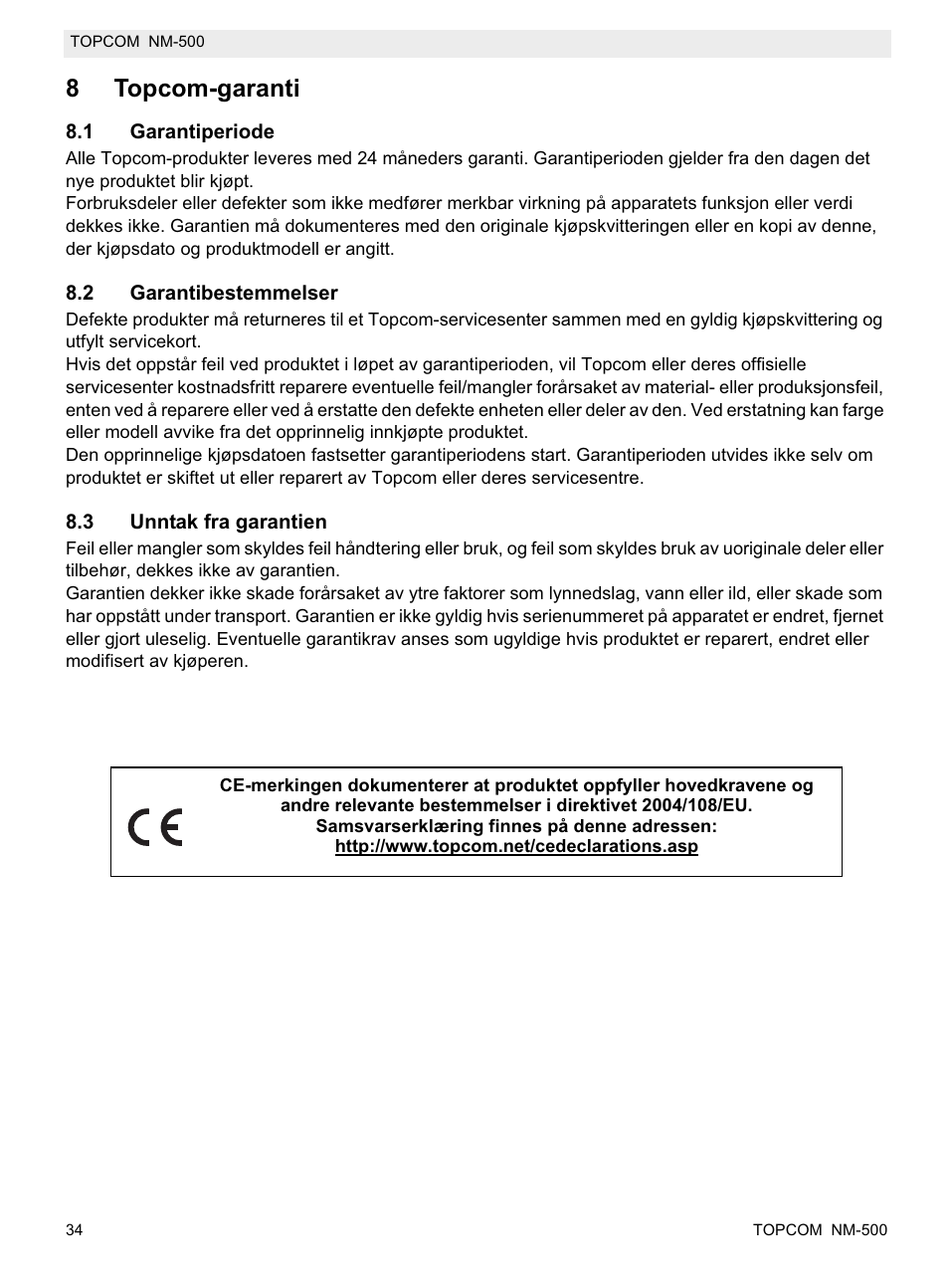 8topcom-garanti | Topcom NM-500-H User Manual | Page 34 / 72