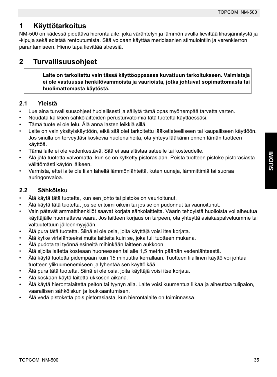 1käyttötarkoitus, 2turvallisuusohjeet | Topcom NM-500-H User Manual | Page 35 / 72