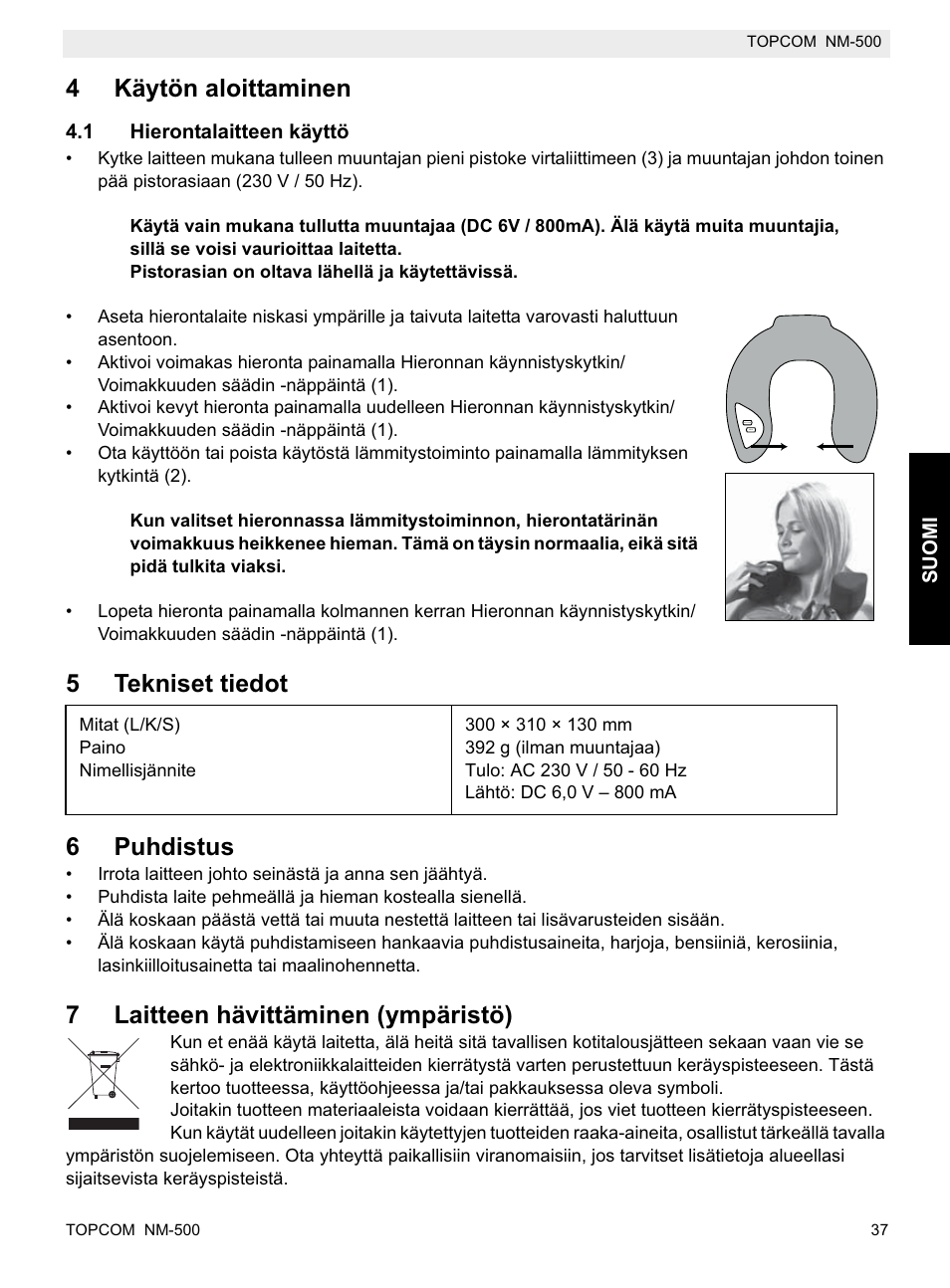 4käytön aloittaminen, 5tekniset tiedot 6 puhdistus, 7laitteen hävittäminen (ympäristö) | Topcom NM-500-H User Manual | Page 37 / 72