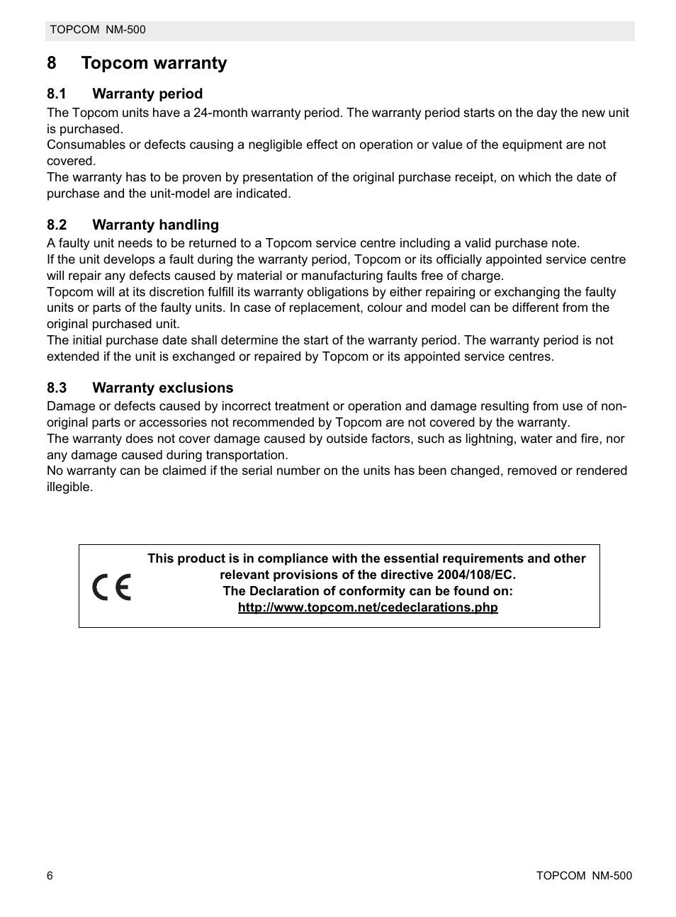 8topcom warranty | Topcom NM-500-H User Manual | Page 6 / 72