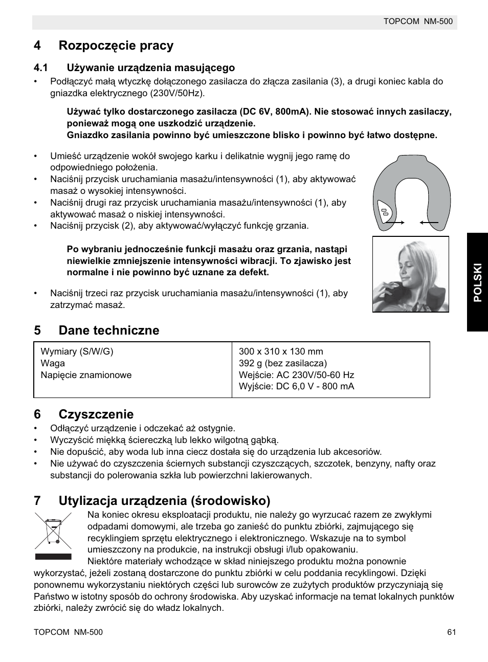 4rozpoczċcie pracy, 5dane techniczne 6 czyszczenie, 7utylizacja urządzenia (ğrodowisko) | Topcom NM-500-H User Manual | Page 61 / 72