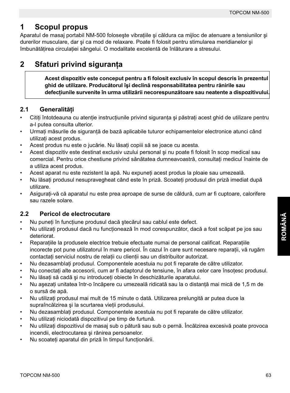 1scopul propus, 2sfaturi privind siguranġa | Topcom NM-500-H User Manual | Page 63 / 72