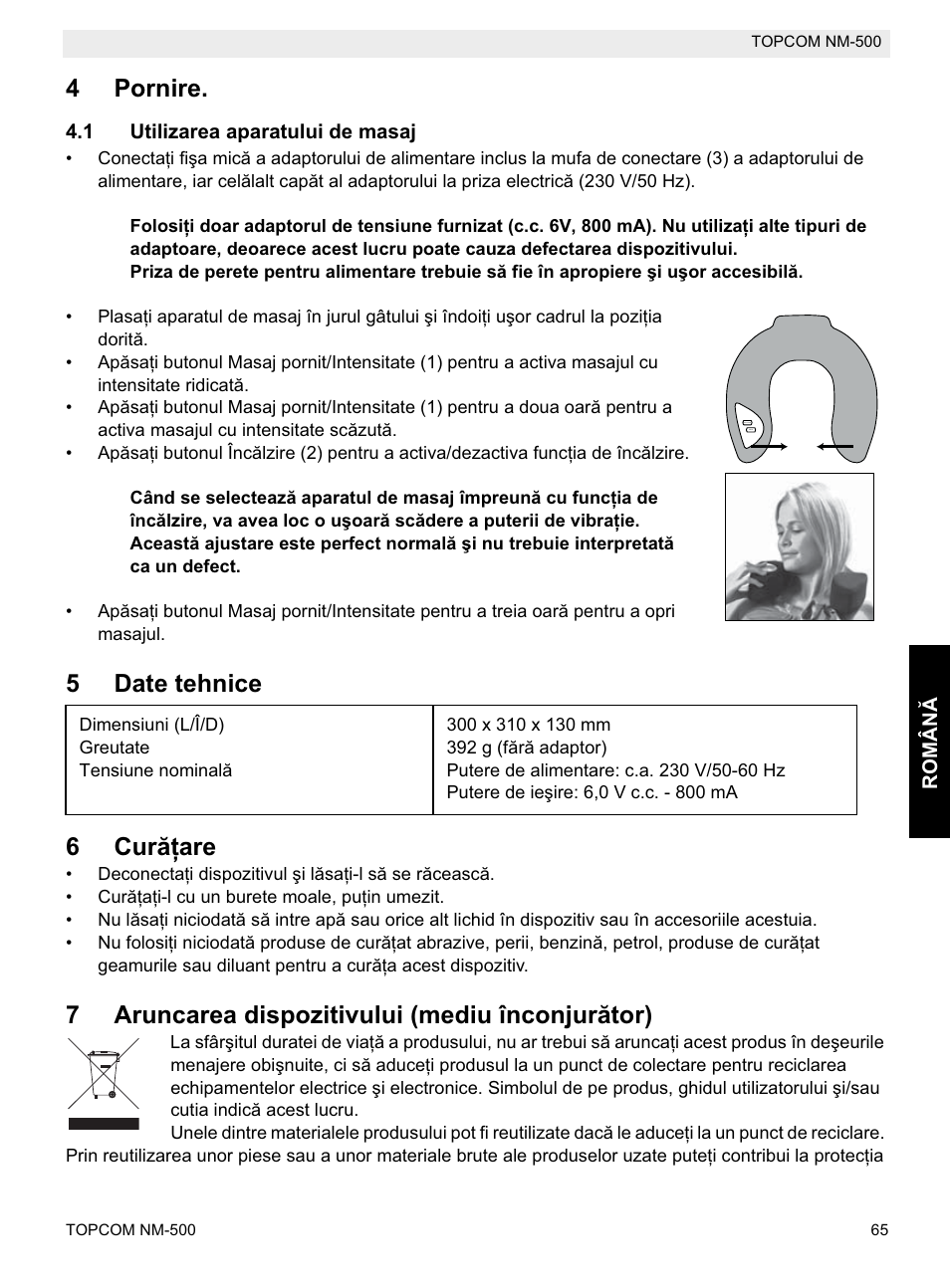 4pornire, 5date tehnice 6 curăġare, 7aruncarea dispozitivului (mediu înconjurător) | Topcom NM-500-H User Manual | Page 65 / 72