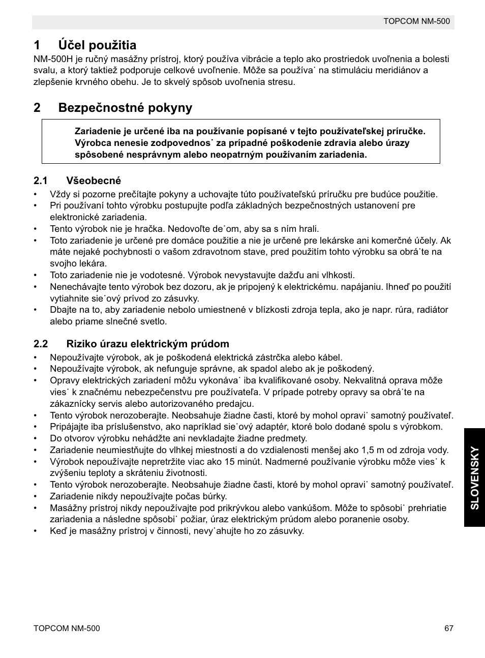 1úþel použitia, 2bezpeþnostné pokyny | Topcom NM-500-H User Manual | Page 67 / 72