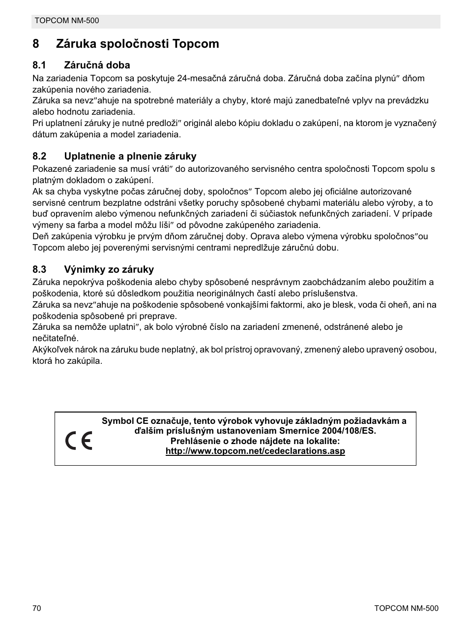 8záruka spoloþnosti topcom | Topcom NM-500-H User Manual | Page 70 / 72