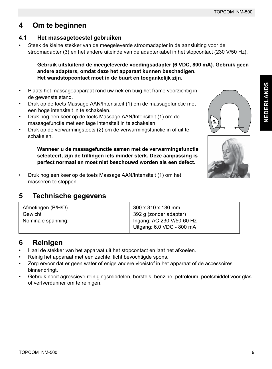 4om te beginnen, 5technische gegevens 6 reinigen | Topcom NM-500-H User Manual | Page 9 / 72