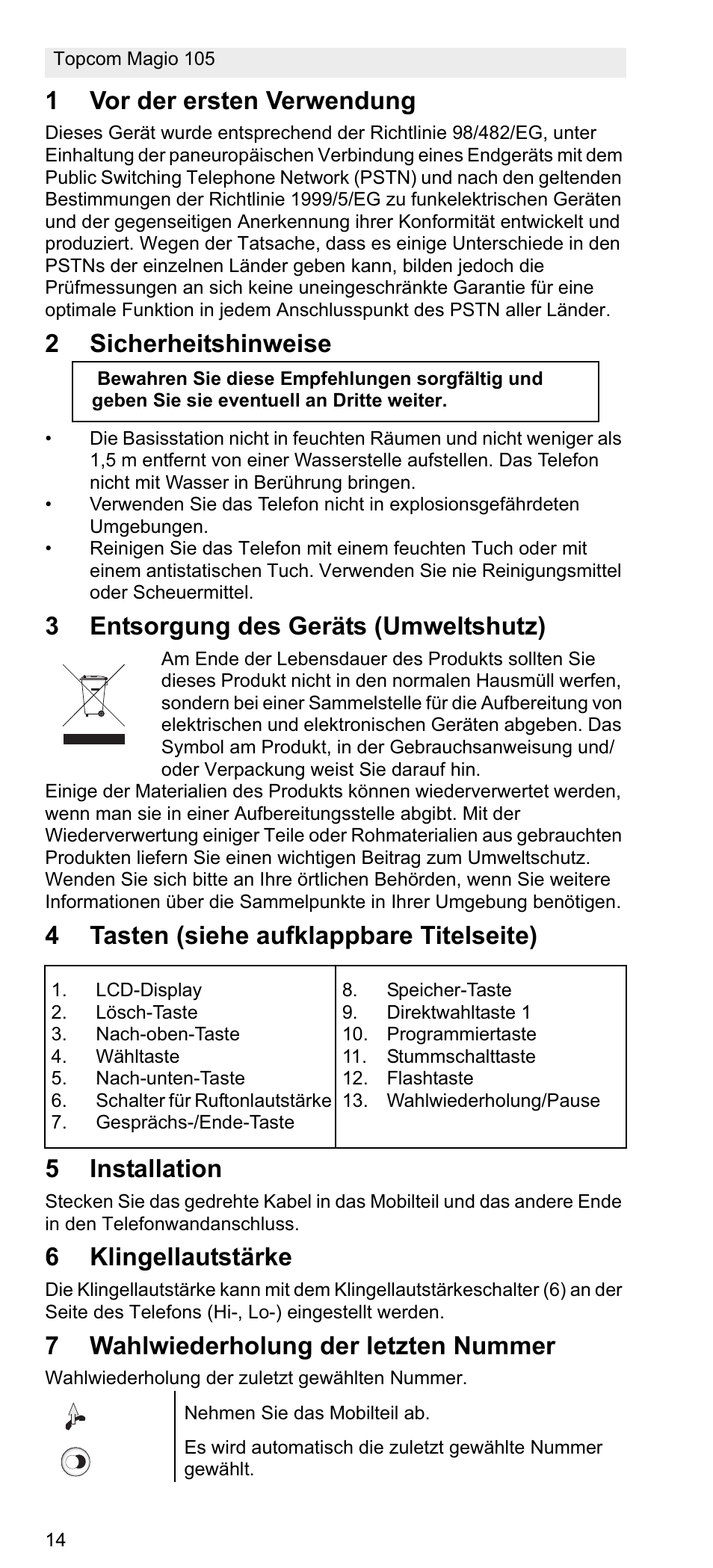 1vor der ersten verwendung, 2sicherheitshinweise, 3entsorgung des geräts (umweltshutz) | 6klingellautstärke, 7wahlwiederholung der letzten nummer | Topcom MAGIO 105 User Manual | Page 14 / 88