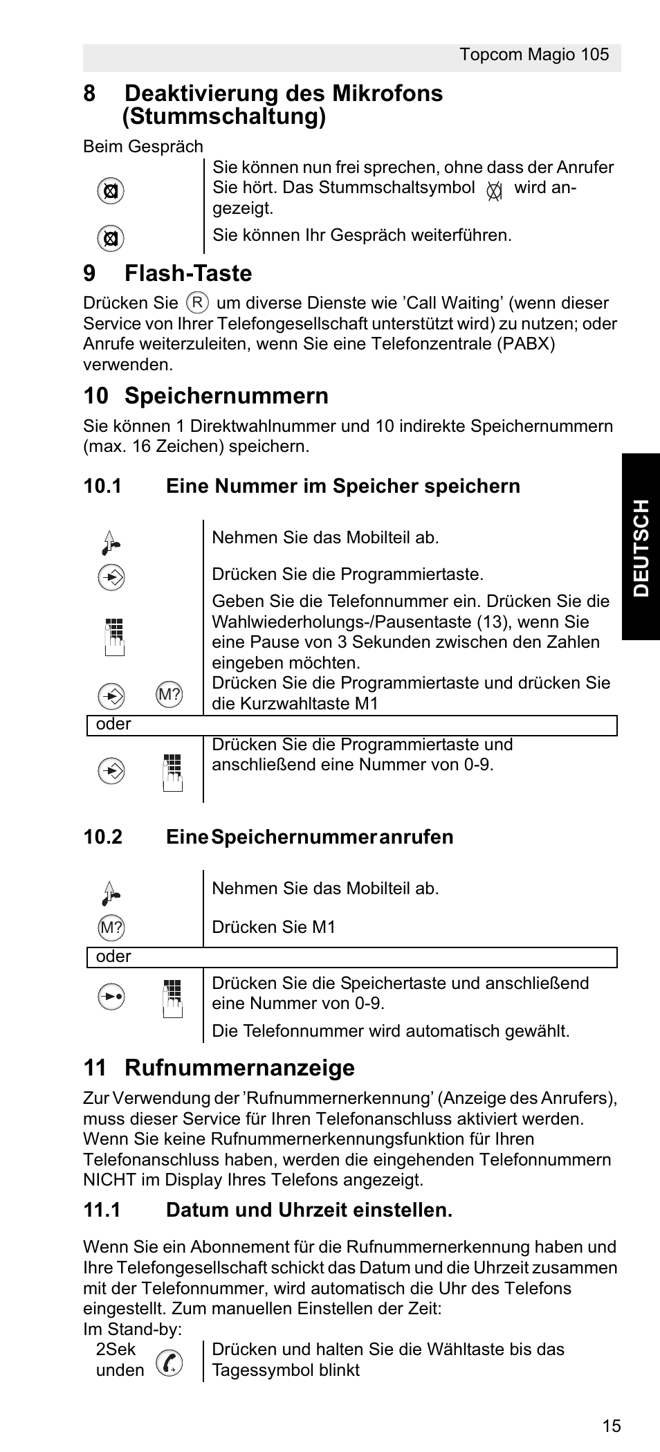 8deaktivierung des mikrofons (stummschaltung), 9flash-taste, 10 speichernummern | 11 rufnummernanzeige | Topcom MAGIO 105 User Manual | Page 15 / 88