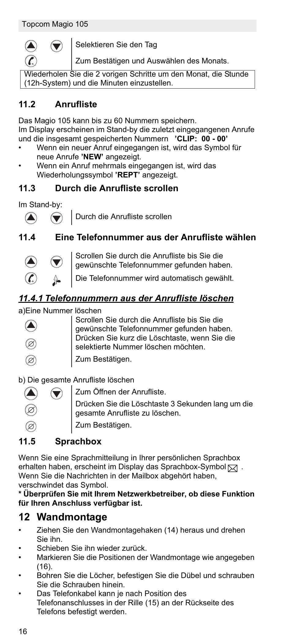 12 wandmontage | Topcom MAGIO 105 User Manual | Page 16 / 88