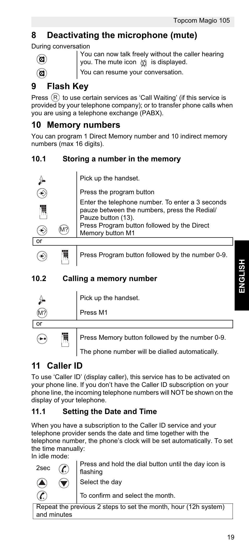 8deactivating the microphone (mute), 9flash key, 11 caller id | Topcom MAGIO 105 User Manual | Page 19 / 88