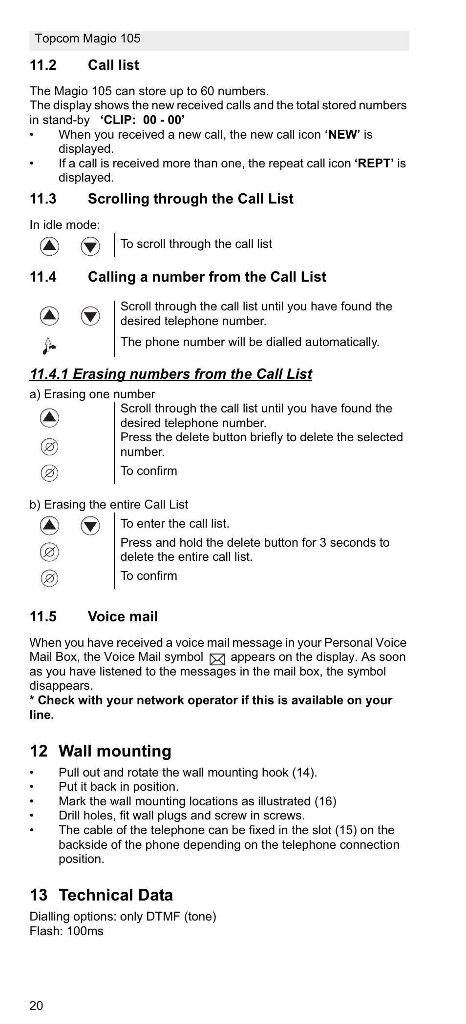 12 wall mounting, 13 technical data | Topcom MAGIO 105 User Manual | Page 20 / 88