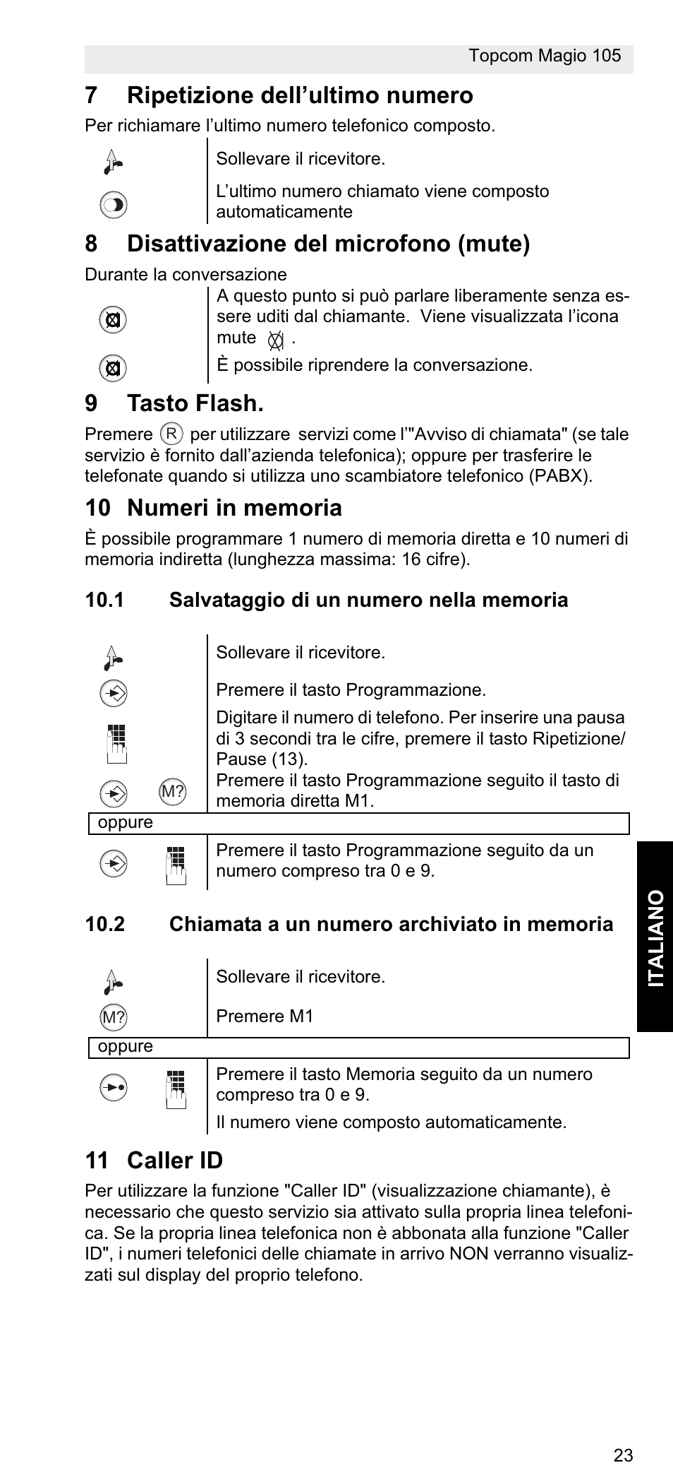 7ripetizione dell’ultimo numero, 8disattivazione del microfono (mute), 9tasto flash | 11 caller id | Topcom MAGIO 105 User Manual | Page 23 / 88