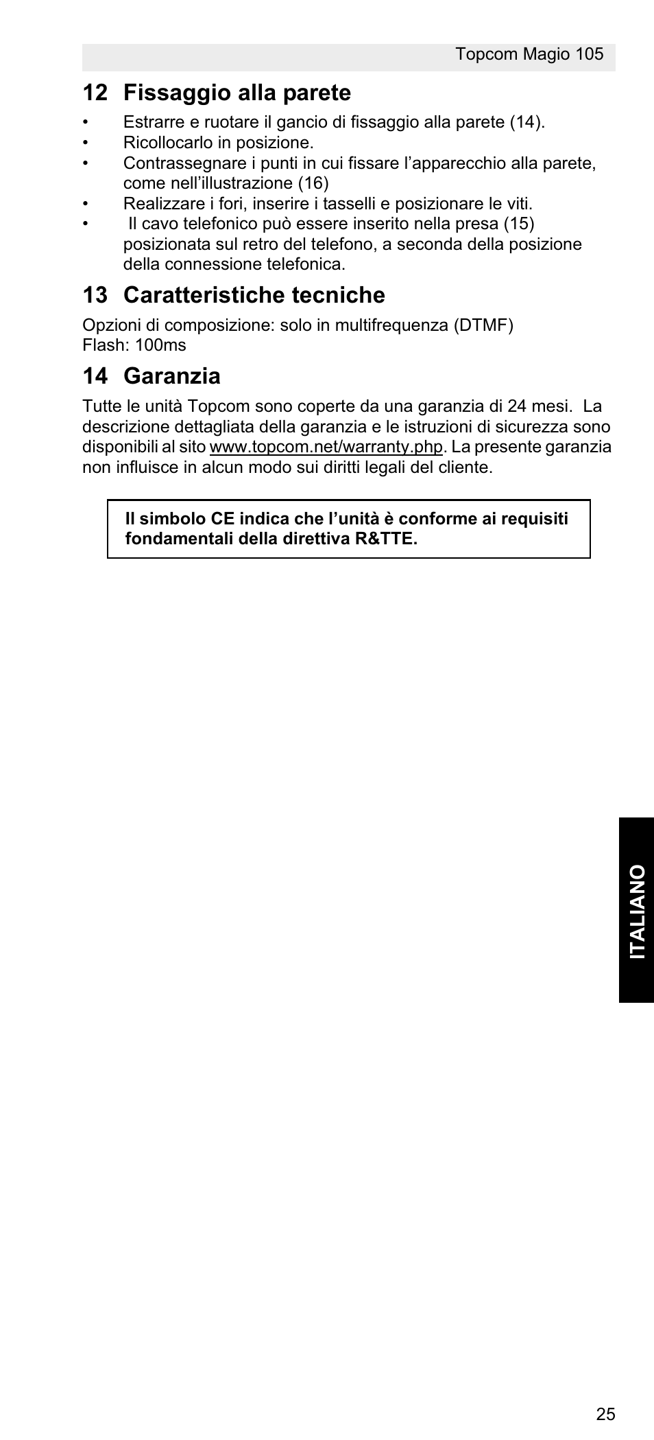 12 fissaggio alla parete, 13 caratteristiche tecniche, 14 garanzia | Topcom MAGIO 105 User Manual | Page 25 / 88