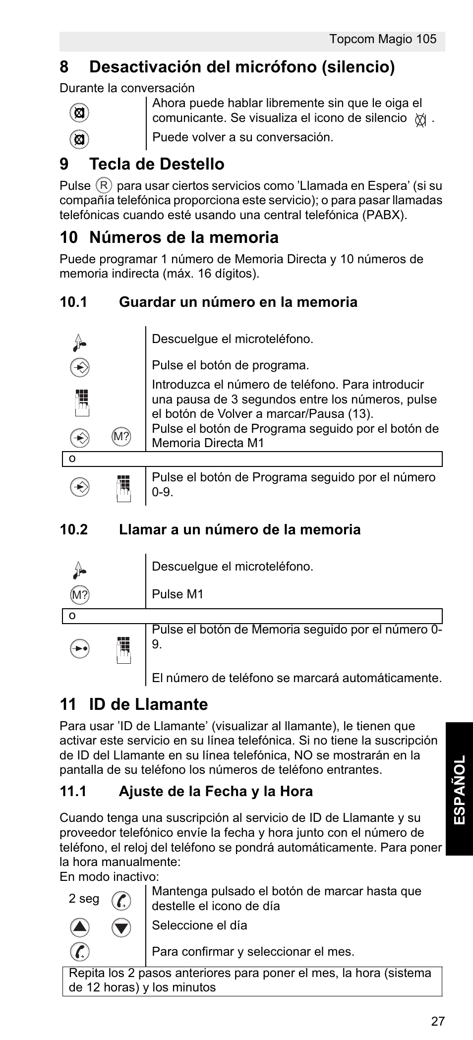 8desactivación del micrófono (silencio), 9tecla de destello, 11 id de llamante | Topcom MAGIO 105 User Manual | Page 27 / 88