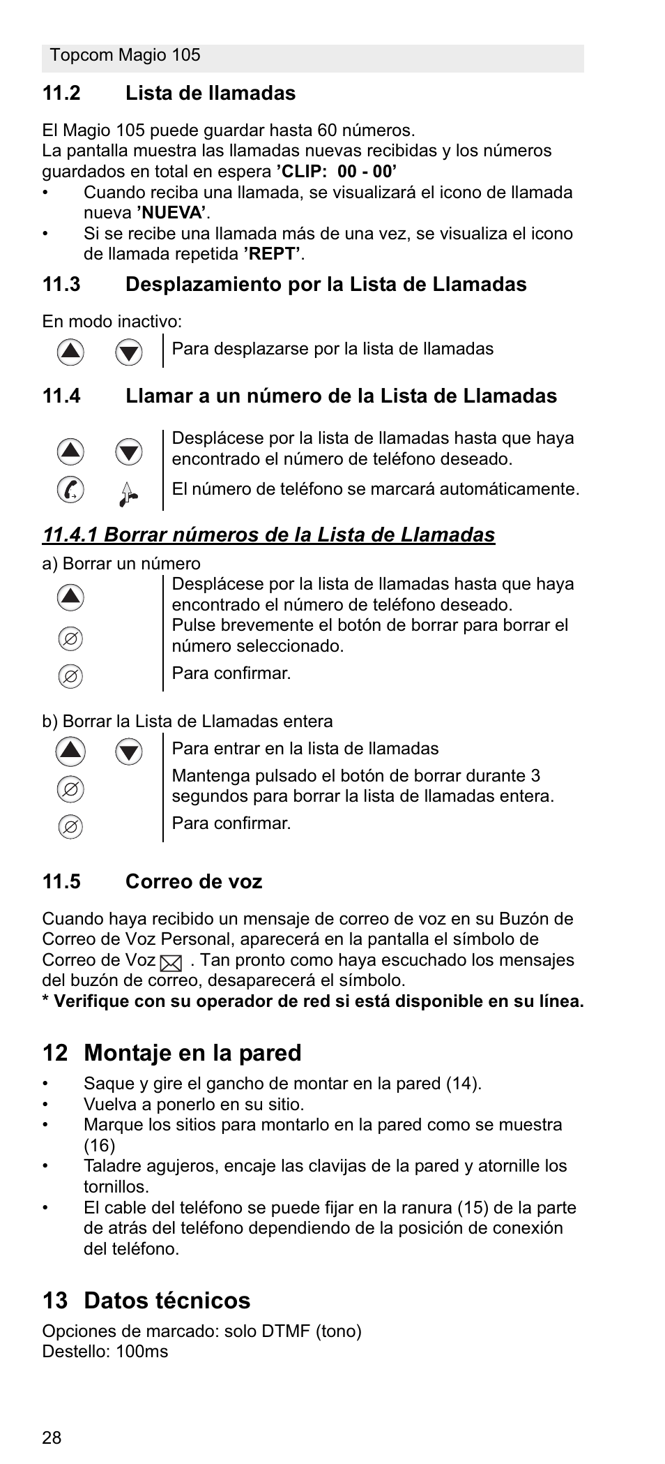 12 montaje en la pared, 13 datos técnicos | Topcom MAGIO 105 User Manual | Page 28 / 88