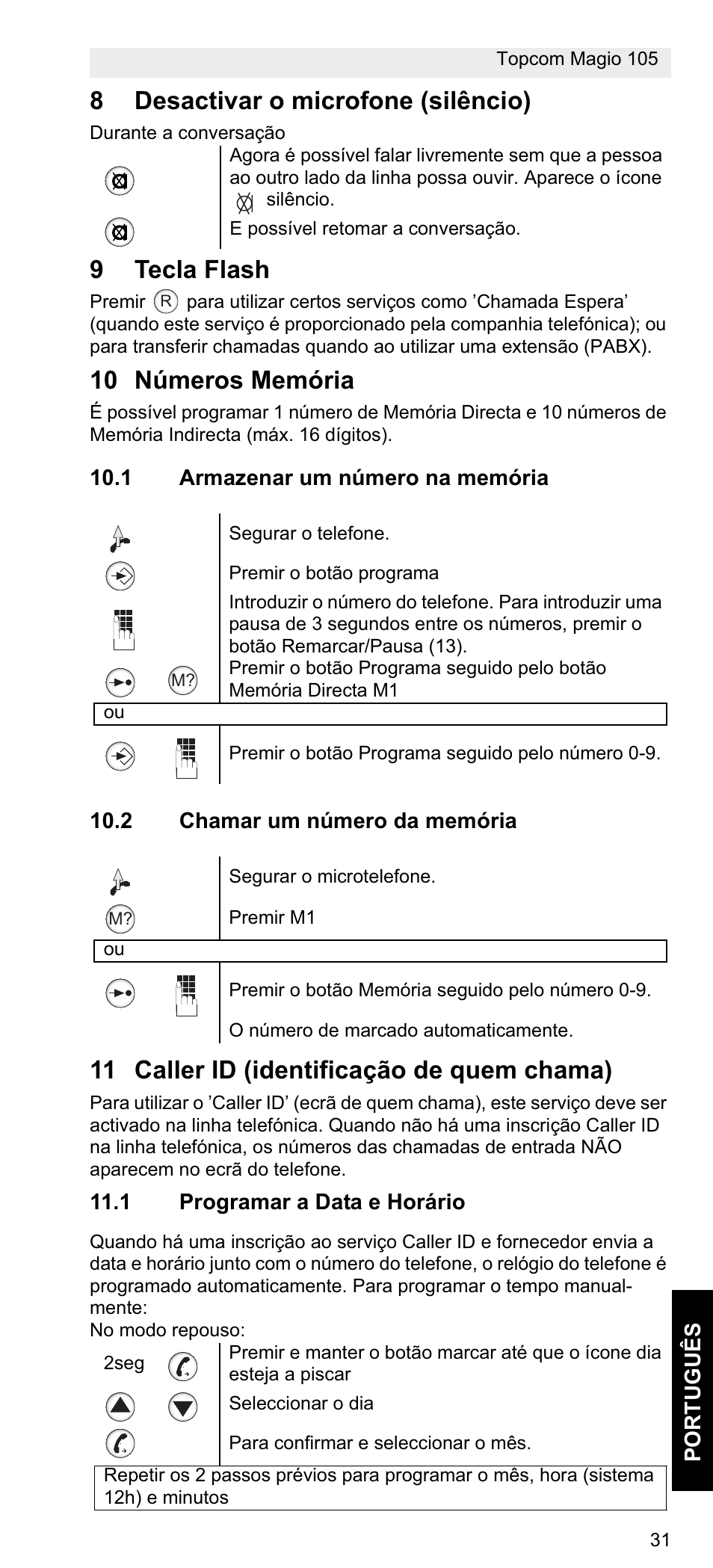 8desactivar o microfone (silêncio), 9tecla flash, 10 números memória | 11 caller id (identificação de quem chama) | Topcom MAGIO 105 User Manual | Page 31 / 88