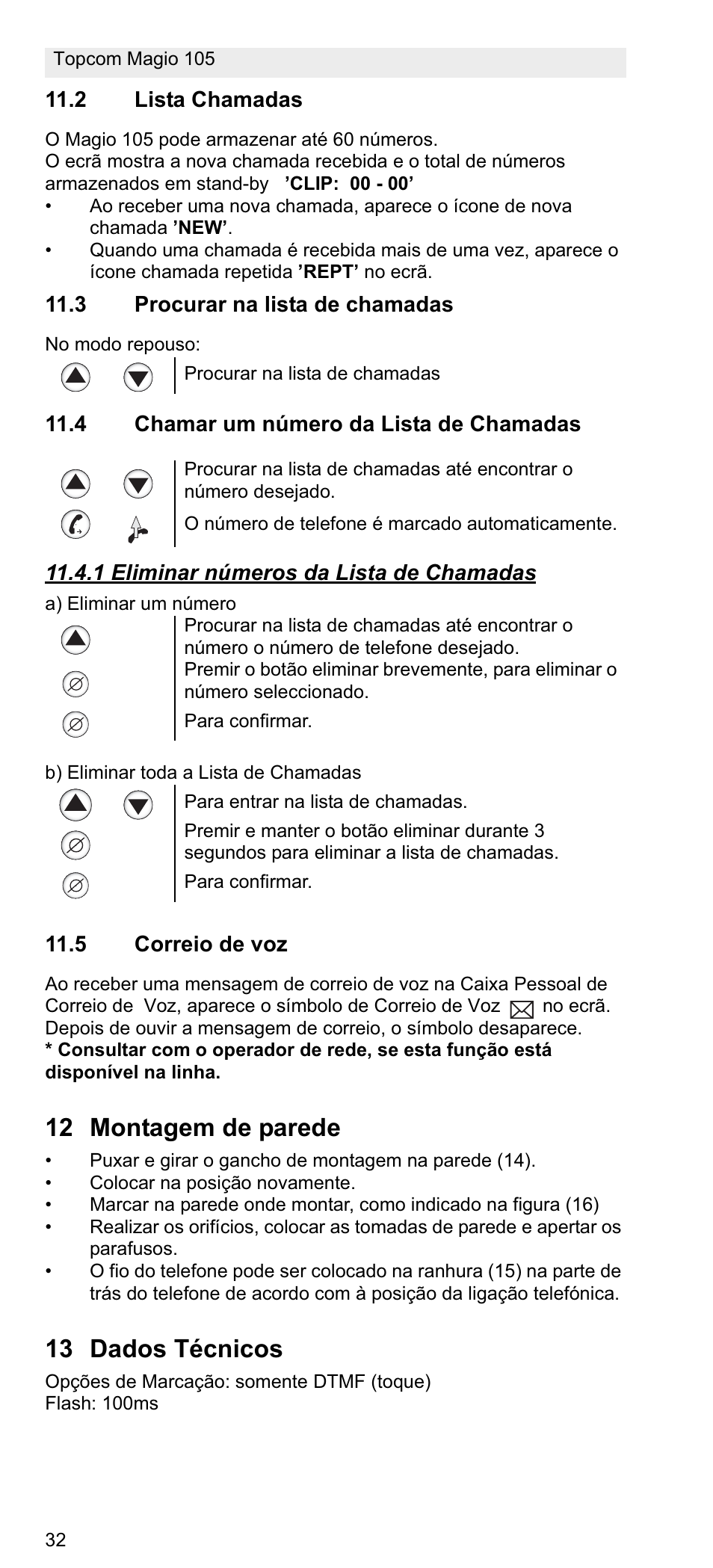 12 montagem de parede, 13 dados técnicos | Topcom MAGIO 105 User Manual | Page 32 / 88